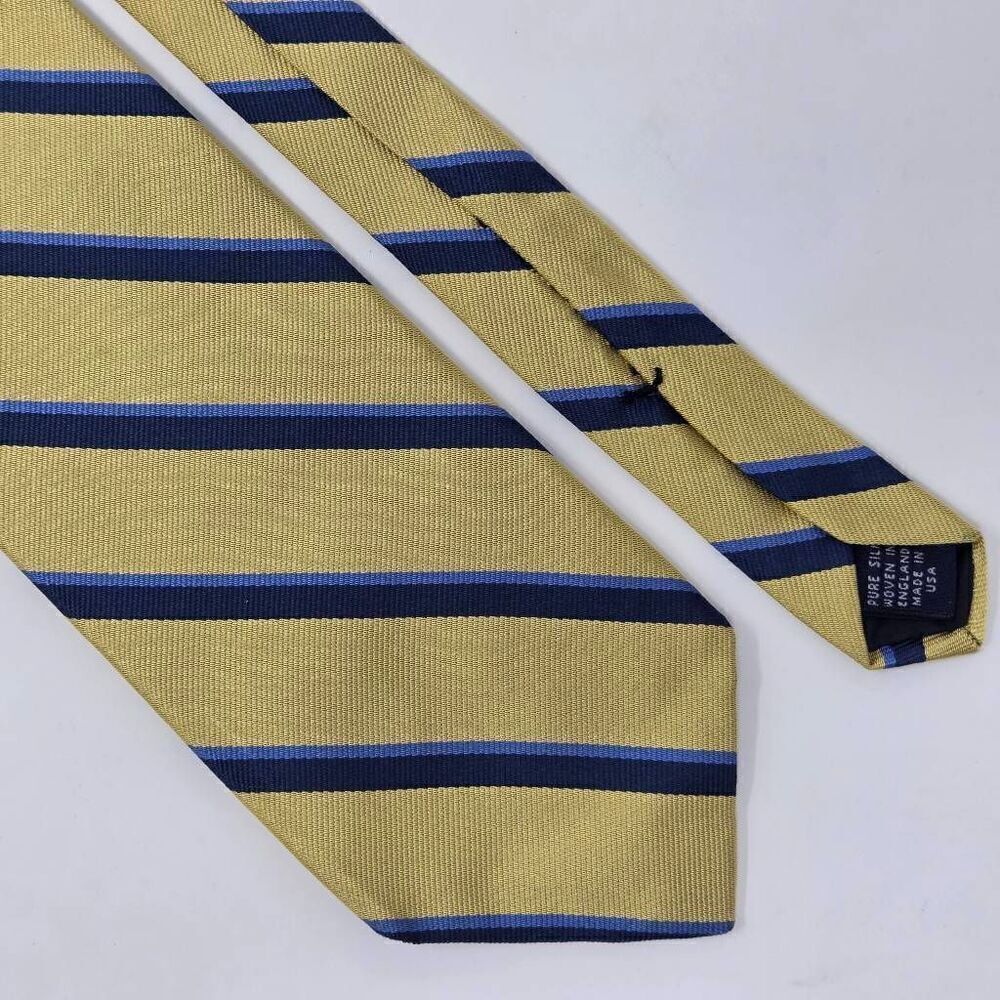 BROOKS BROTHERS MAKERS SILK TIE GOLD BLUE REPP STRIPE SATIN 3.5" X 59"